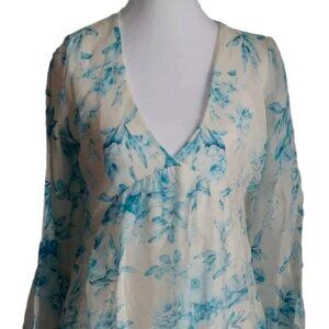 VIOLA BORGHI ITALY * Ophelia Style Silk Blouse Blue & White Floral Baby Doll